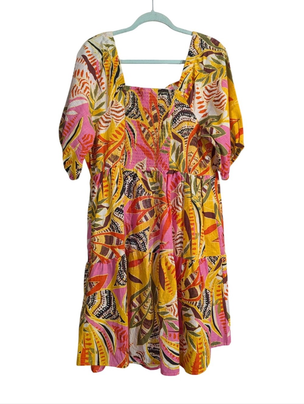 Mille Gabrielle Tropical Print Tiered Cotton Dress | 1X | Puff Sleeve Vacation - Picture 6 of 11